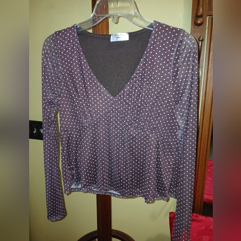 Electric Behaviour Brown Polka Dot Mesh Top Semi-Sheer Y2K Cottagecore Sz Medium - Picture 2 of 7